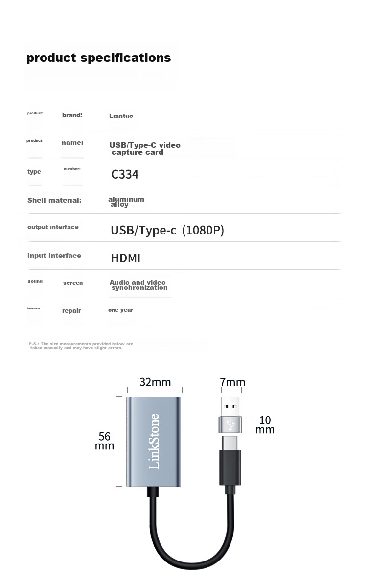 LinkStone HDMI Video Capture Card, 4K Input, Switch/PS5 Game Console Live Streaming Capture Device, USB Computer Video Conference Recording Capture Device, USB/Type-C Dual Port 10