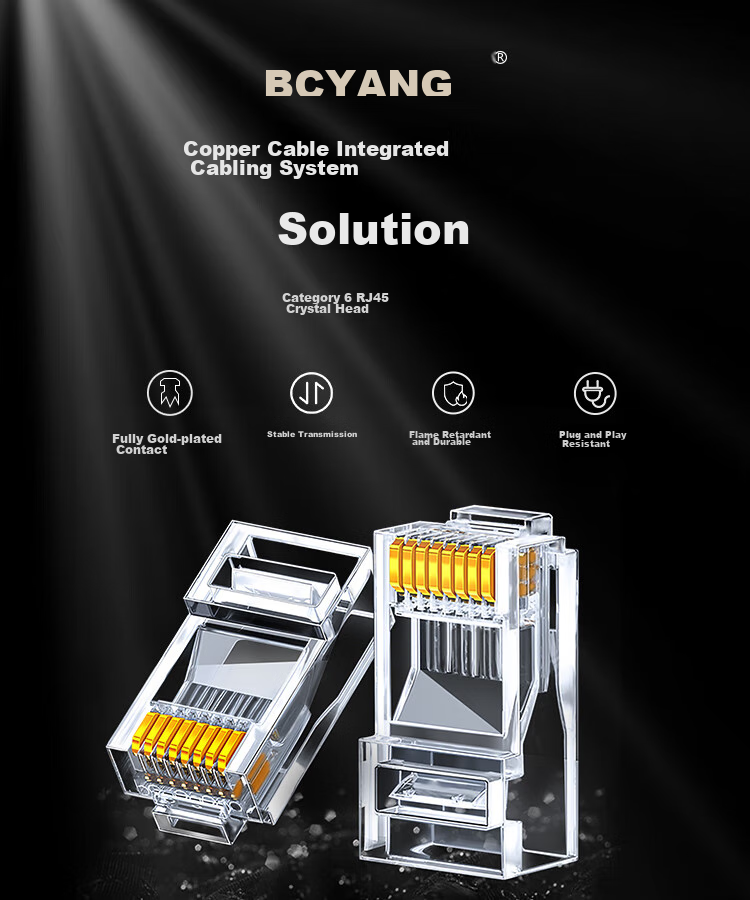 BOYANG CAT6 Unshielded Gigabit Ethernet Cable Connector, 8P8C Crystal Head, Engineering Grade Network RJ45 Connector, Fully Gold Plated, 100 Pieces/box BY-RJ45 1