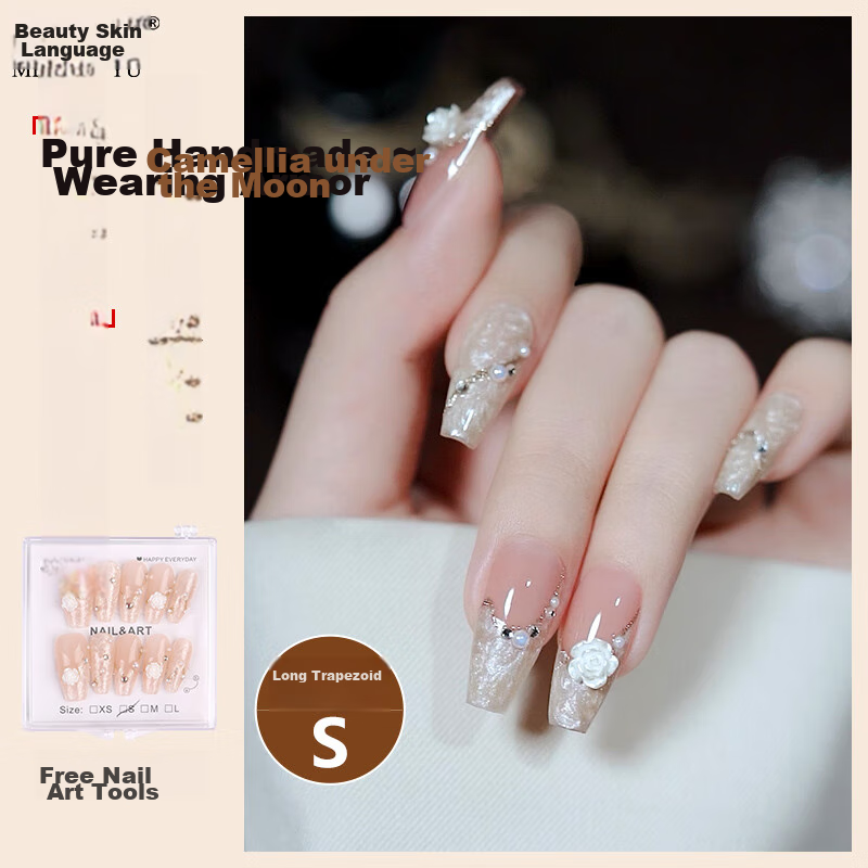Meifuyu Nail Stickers, Handmade Wearable Nails (Yue Xiaoshan Tea Flower S Size), Long Nail Tips, Gift for Girlfriend, MF8213