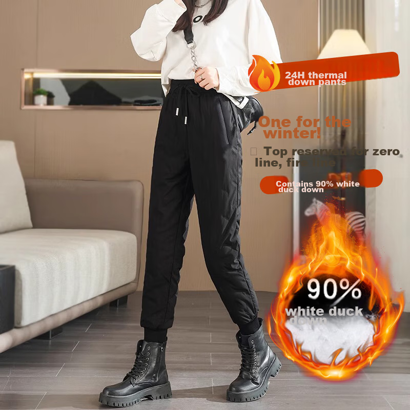 LangSha Women's Down Pants for Outdoor Wear, Winter Fleece-Lined White Duck down Trousers, Women's Tapered Leg Windproof Cotton Pants, Thickened Warm Pants, Black