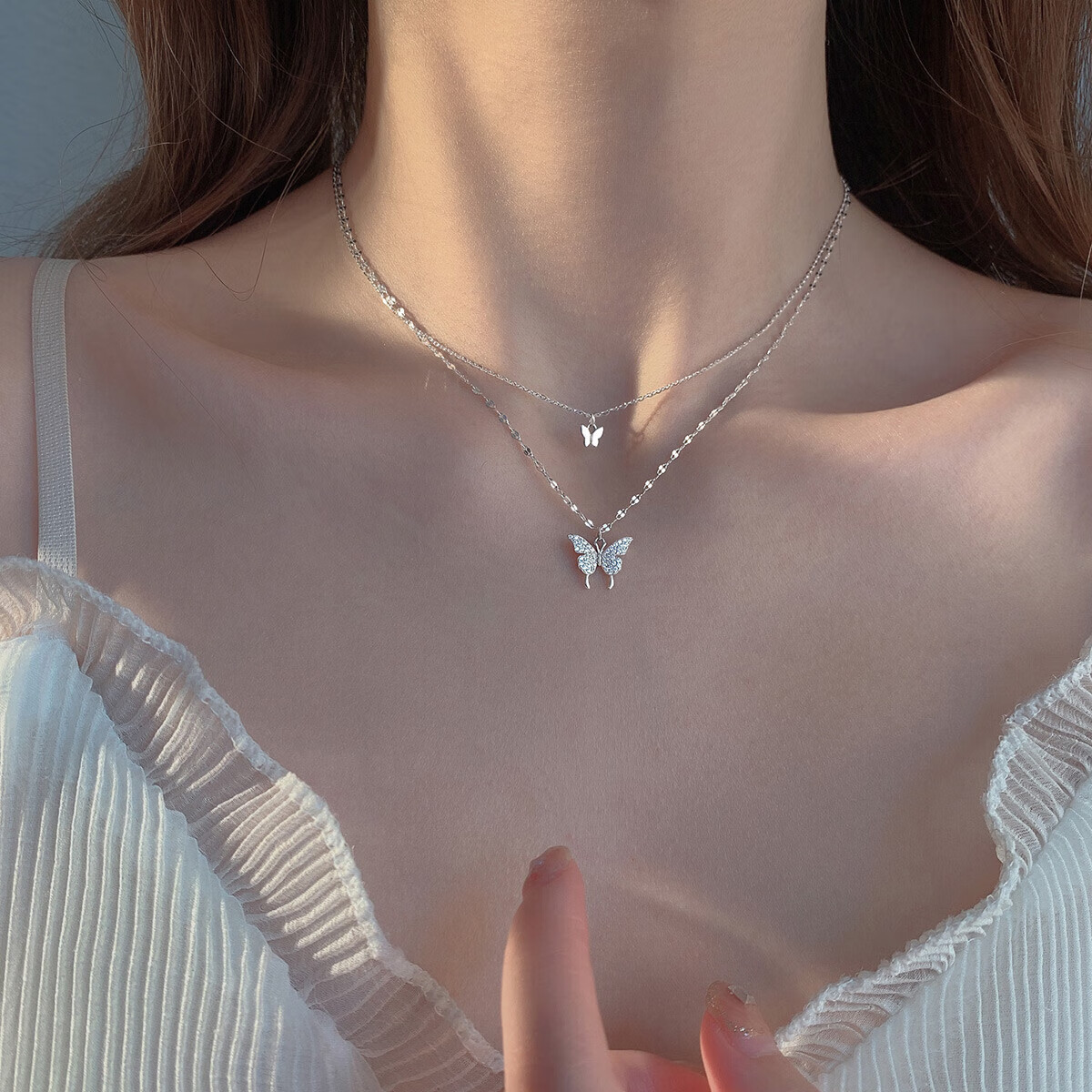Dijing 999 Sterling Silver Butterfly Necklace for Women, Practical Double-Layer Elegant Collarbone Chain Pendant, Light Luxury Birthday Gift for Girls
