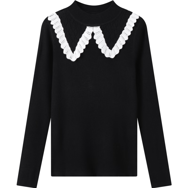 Annil Girls' Mid-Neck Knit Sweater, New Winter 2024 Style, Black, Size 130
