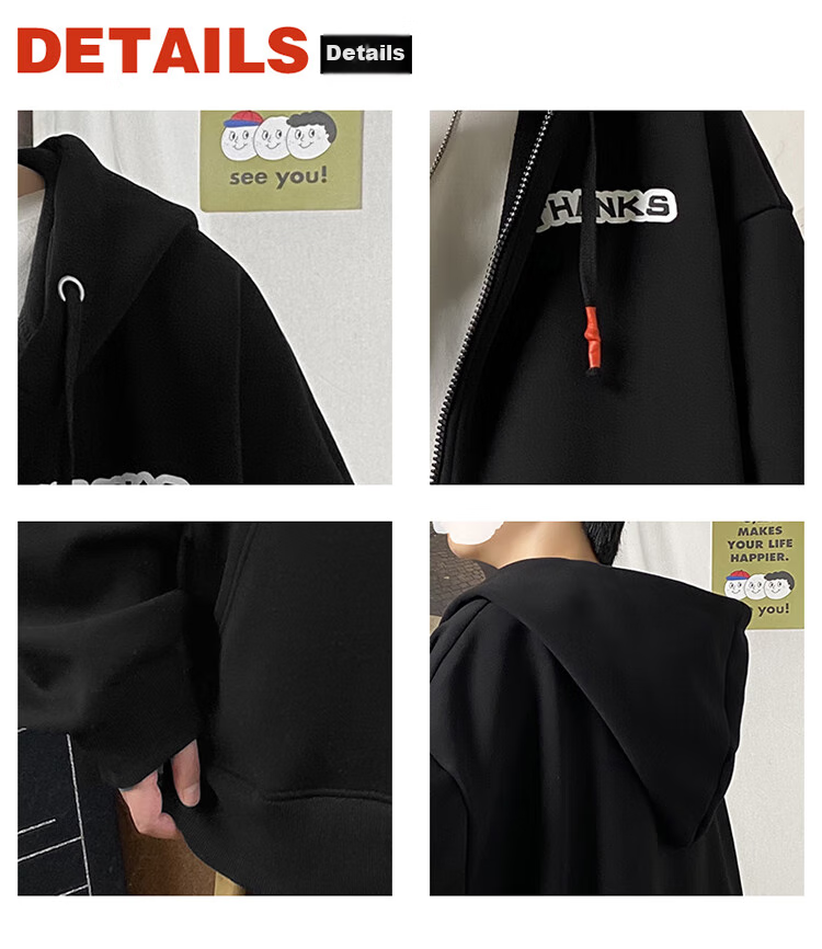 Foss Phil Men's Jacket, Spring And Autumn Large Size Cardigan Sweatshirt, Hooded Sports Top, Loose-Fitting Jacket JK2080, Black, XL 4