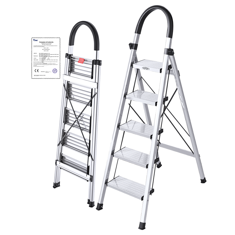 DU PONT Aluminum Alloy Folding Ladder, Thickened A-Frame Ladder, Climbing Ladder, Safety Ladder, Handrail Ladder, Silver Color, 5 Steps