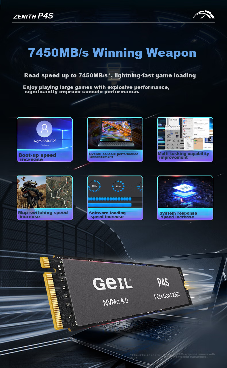 GEIL Jinbang 1TB SSD, M.2 Interface (PCIe 4.0 X4), NVMe SSD Gaming High-Performance Version, High-Speed 7450MB/S, P4S Series 6