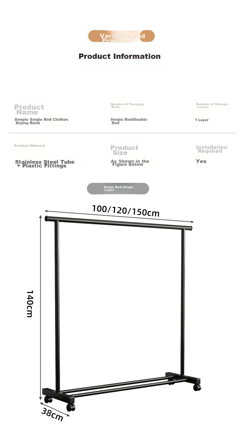 Milin Single Rod Hanger, Dormitory Coat Rack, Indoor Clothes Hanger, Floor-Standing Drying Rack for Bedroom, Black Single Rod 100CM 11