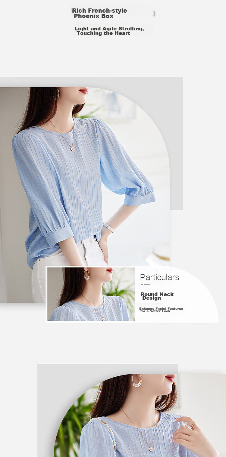 Dme [French Textured Shirt] Summer Commuter Round Neck Lantern Sleeve Blouse Women's Top, Off-White, L 4