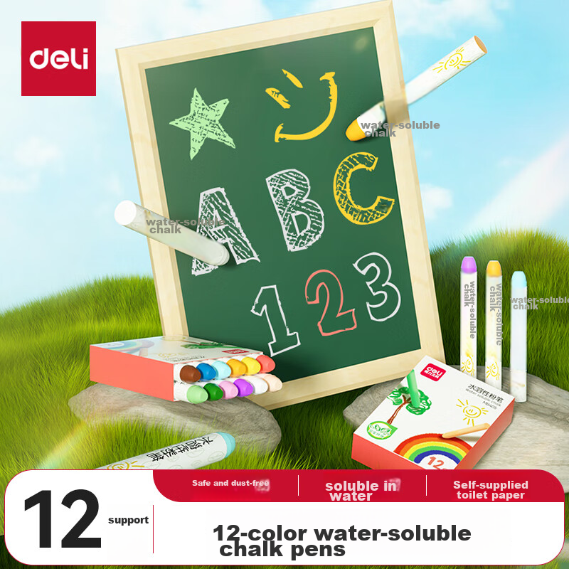 Deli Colored Water-Soluble Chalk, Washable, Dust-Free, Safe for Children's Drawing Board, Blackboard, Specialized for Bulletin Boards, Vibrant Colors, for Teachers, Kindergarten, Home Use, Teaching, Doodling And Drawing, 12 Pieces/box