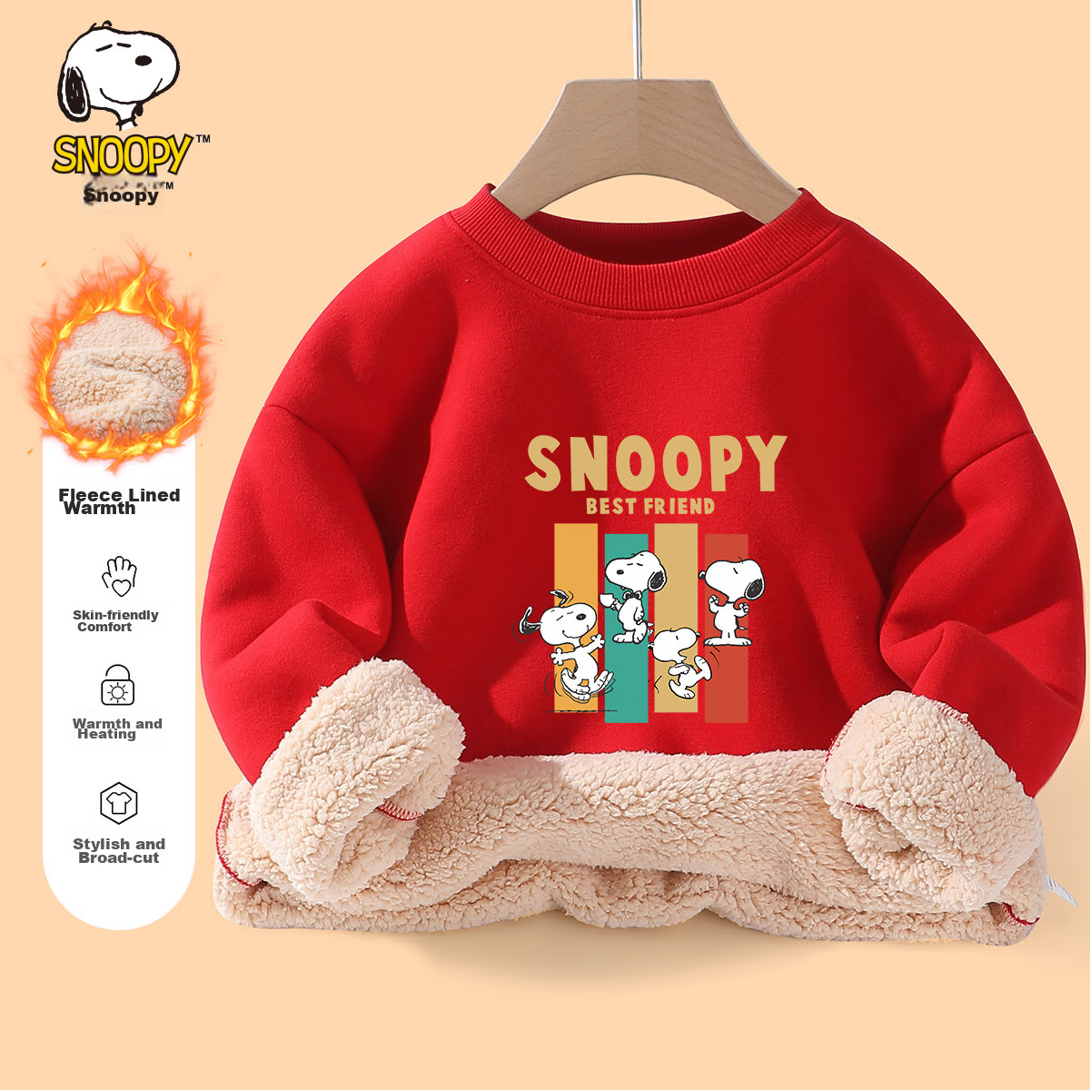 SNOOPY Children's Clothing Fleece-Lined Thick Warm Sweatshirt Red New Year Outfit Winter Happy Dog Big Red