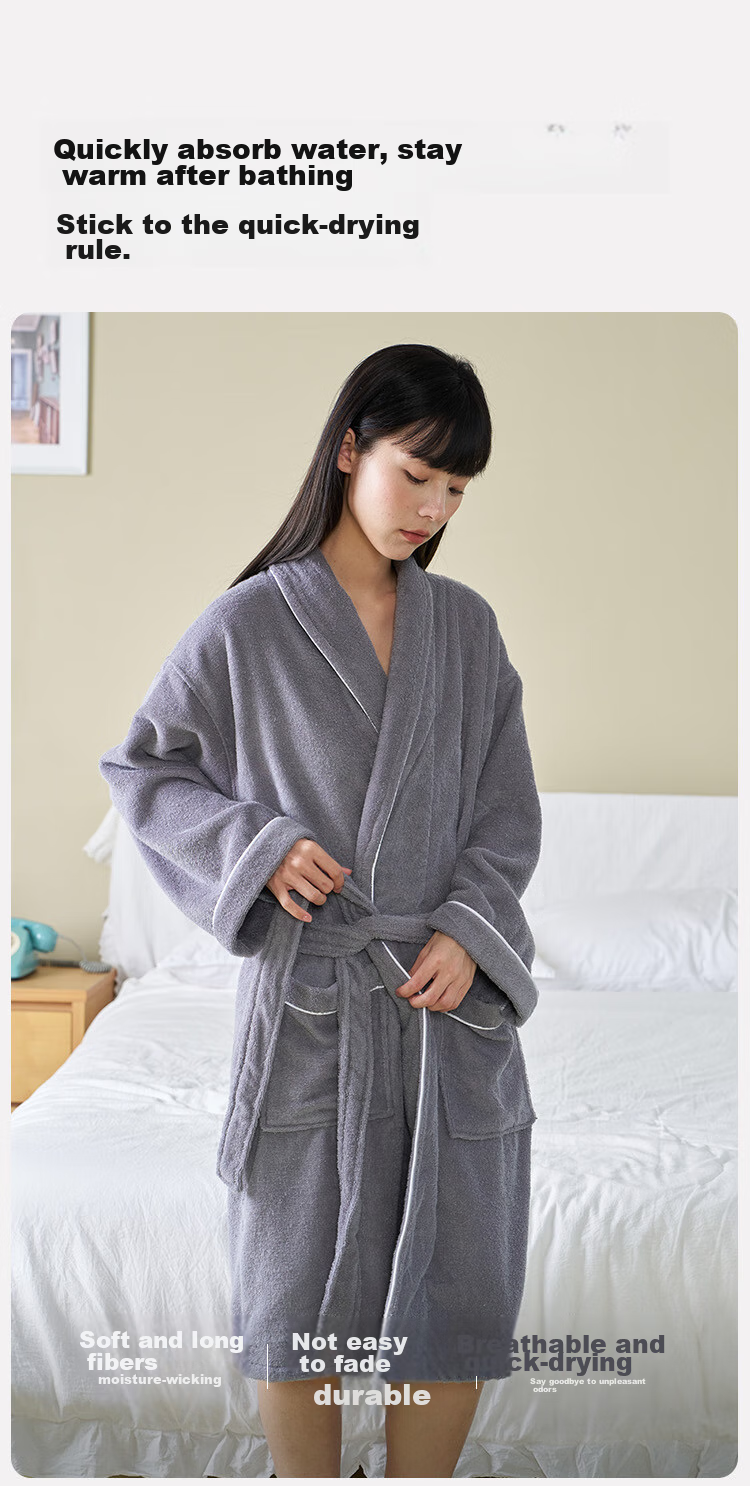 Sanli Five-Star Hotel Bathrobe, Pure Cotton, Absorbent And Quick-Drying, Adult Thin Home Bathrobe for Men And Women, Autumn And Winter Long Style Bath Towel, Gray, Size M 9