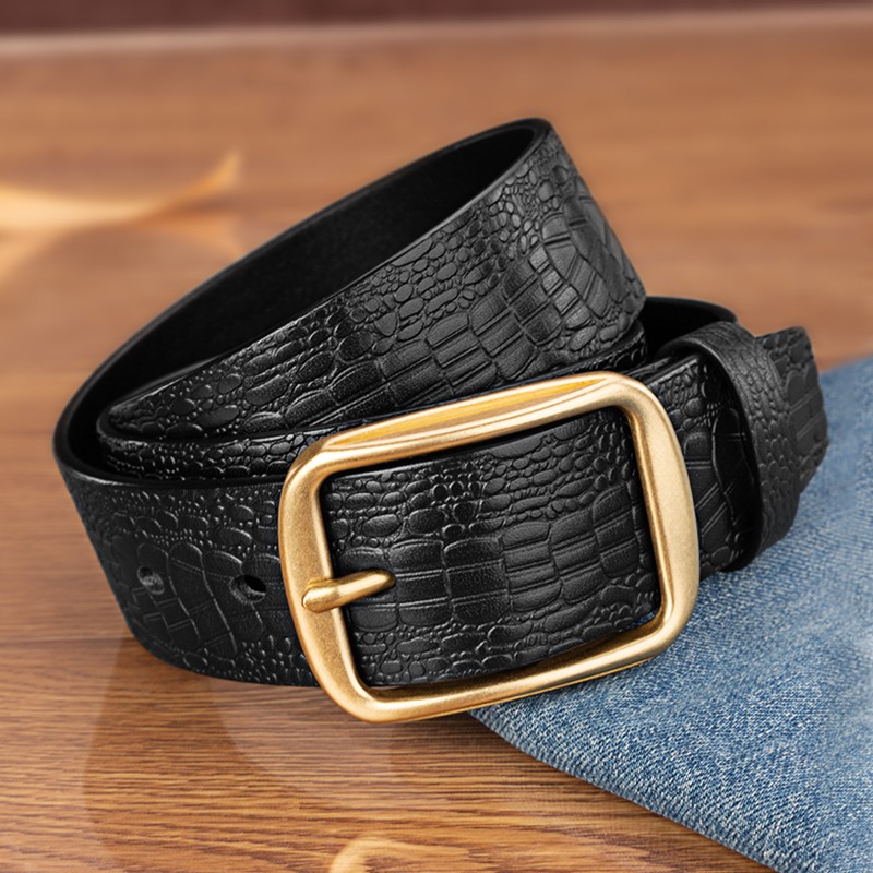 Cattlesboss Men's Belt, Alligator Pattern, Top-Grain Leather, Pin Buckle with Copper Clasp, 1986 Gift for Dad, Black, 120cm