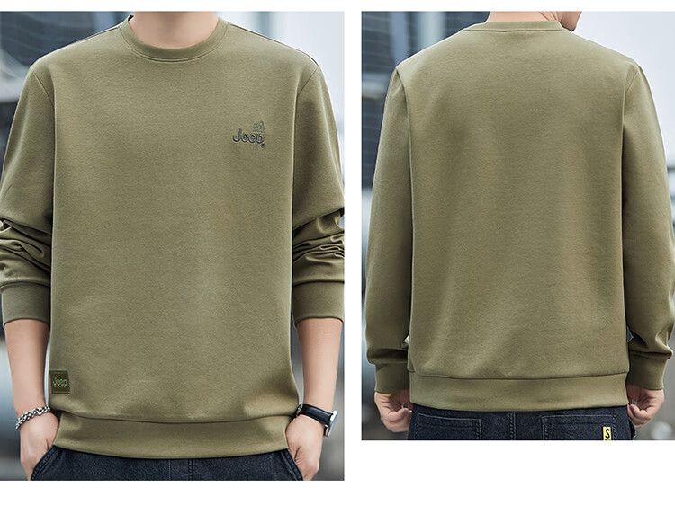 JEEP Men's Sweatshirt, Autumn And Winter Round Neck Long Sleeve T-Shirt, Loose Casual Clothing for Men, Army Green Fleece-Lined, 4XL 5