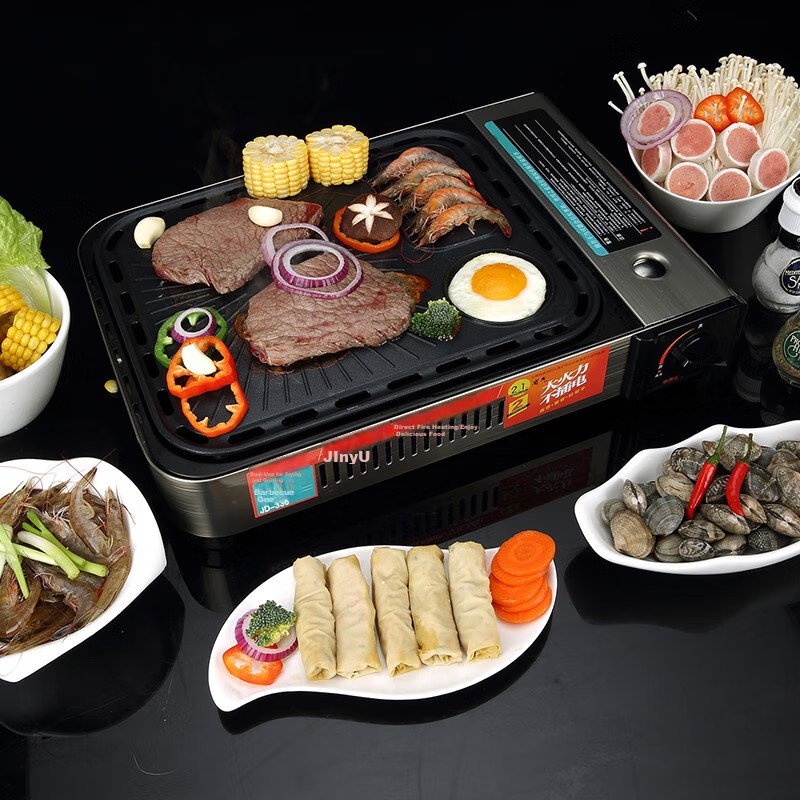 JInyu Portable Gas Stove Outdoor Cooking Equipment Burner Gas Stove Barbecue Grill Shallow Frying Pan + Grilling Pan + Stove Set