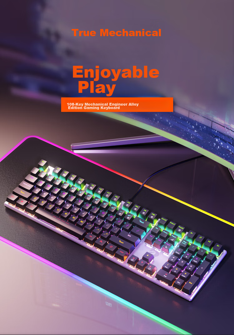 DAREU EK815 Mechanical Alloy Edition Keyboard, Wired Keyboard, Gaming Keyboard, 108 Keys Mixed Backlight, Multi-Key Anti-Ghosting, PUBG Keyboard, Black And Silver Black Switches 1