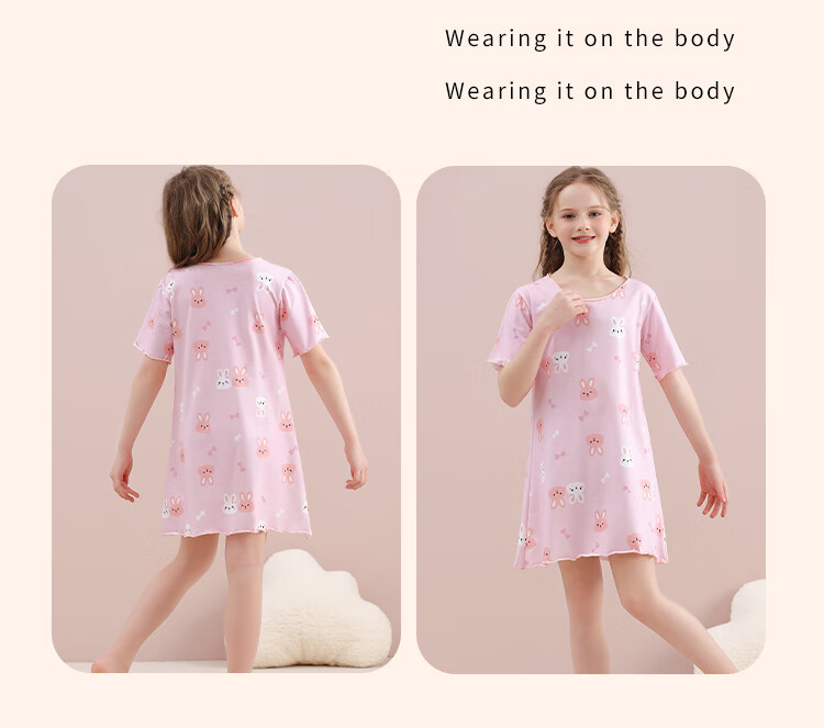 LangSha Children's Pajamas, Girls' Nightgown, Summer Thin Style, Cute Little Rabbit Pajamas, for Older Children's Loungewear Dress, Pink, Size 160 8