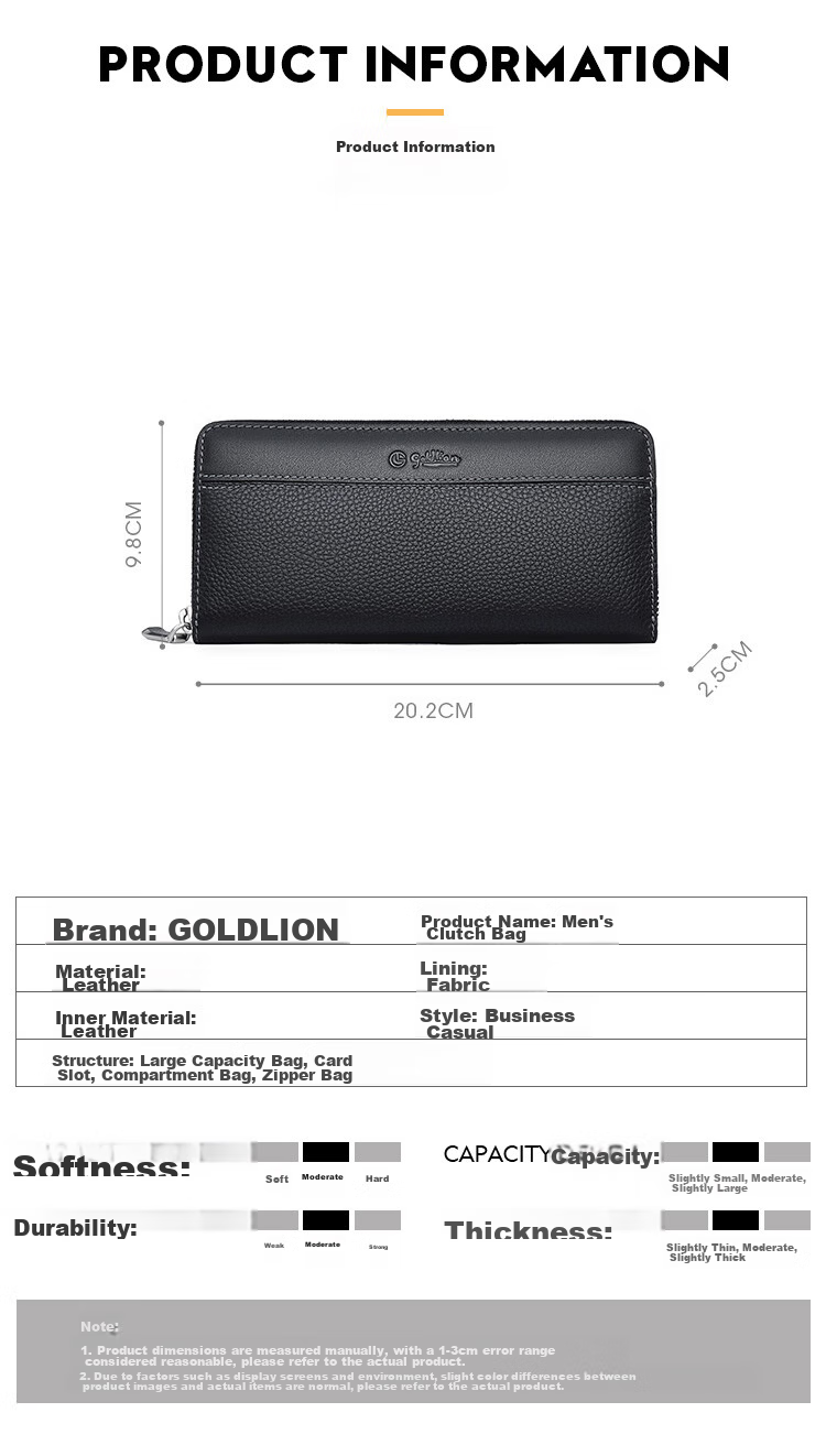 Goldlion Casual Fashion Cowhide Men's Bag, Long Wallet with Multiple Card Slots, Clutch in Gift Box, Birthday Gift for Gifting 9