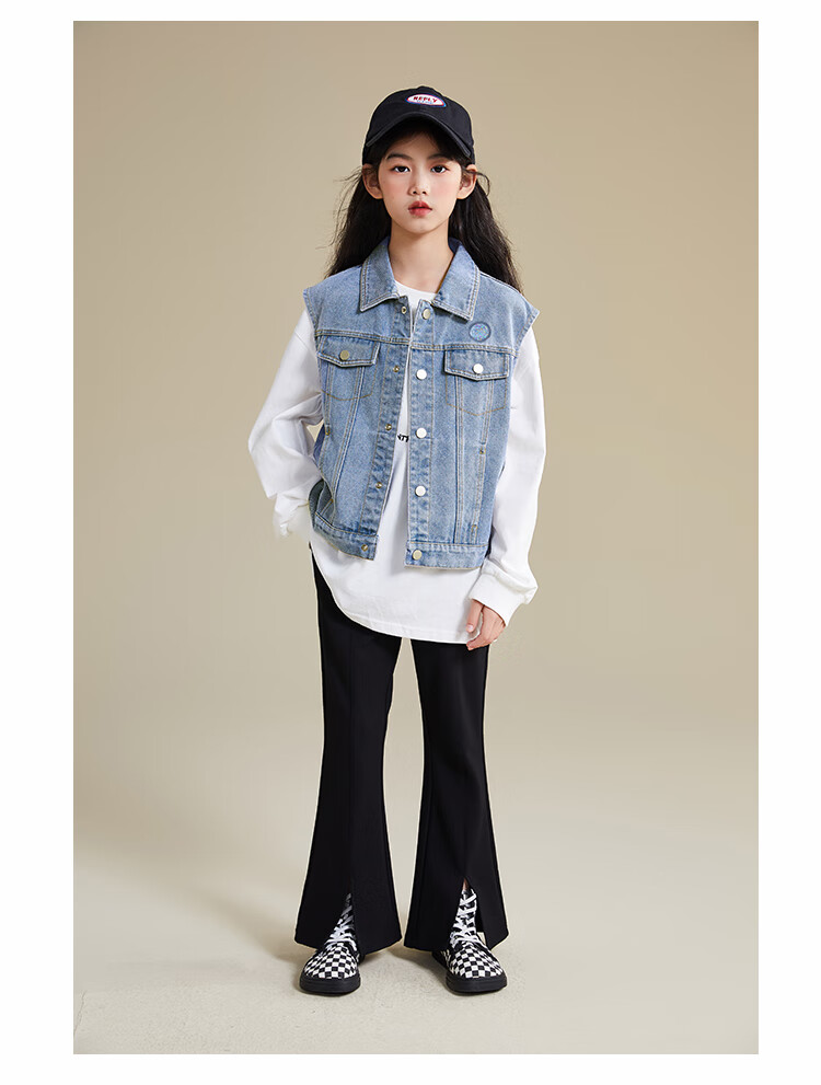 QQ DUCK Children's Denim Vest, Girls' Sleeveless Jacket, Youth Clothing, Classic Vest in Light Blue; Size 130 14