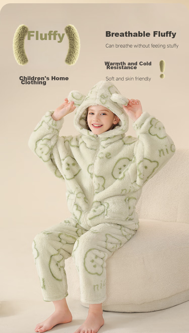LangSha [Fleece-Lined Thick Flannel] Children's Pajamas, Girls' Sleepwear for Older Kids, Autumn And Winter, Warm Home Wear Set for Teenage Girls And Babies 1