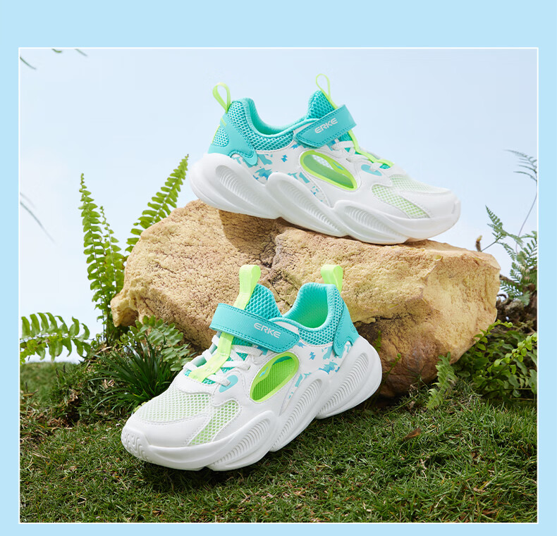ERKE Children's Shoes, Boys' Velcro Casual Shoes, Kids' Summer Hollow Sandals, Black/micro-Crystal White/Lime Green, Size 36 12