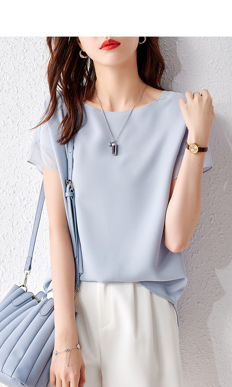 Sentubila Spliced Short-Sleeve Chiffon Blouse for Women, Slimming Tummy-Covering Top, Summer Lightweight Casual T-Shirt, Light Blue, S 15