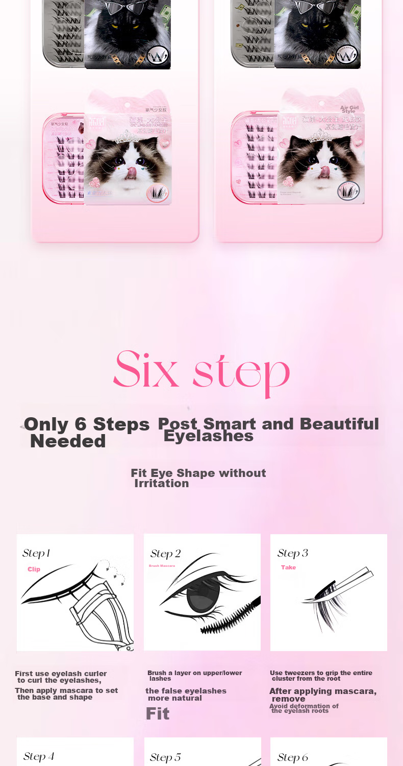 Lishu Cat Series Glue-Free False Eyelashes, Natural-Looking Single Cluster Segmented Eyelashes for Women, Princess Style Glue-Free Version, 48 Clusters 14