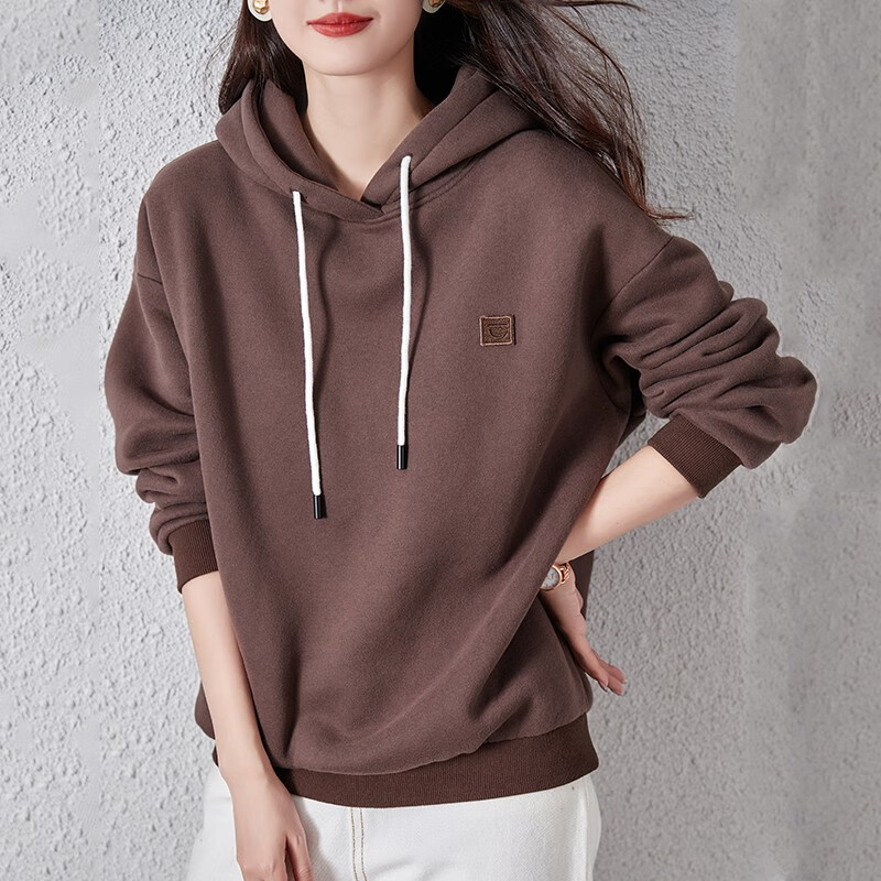 DME Hooded Sweatshirt for Women, Loose Fit, Lightweight Spring Style, Petite Pullover High-End Women's Wear, Coffee Color, Size S