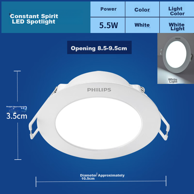 PHILIPS 5.5W LED Ultra-Thin Recessed Downlight for Living Room Ceiling, Cut-Out 85-95mm, Cool White 6500K