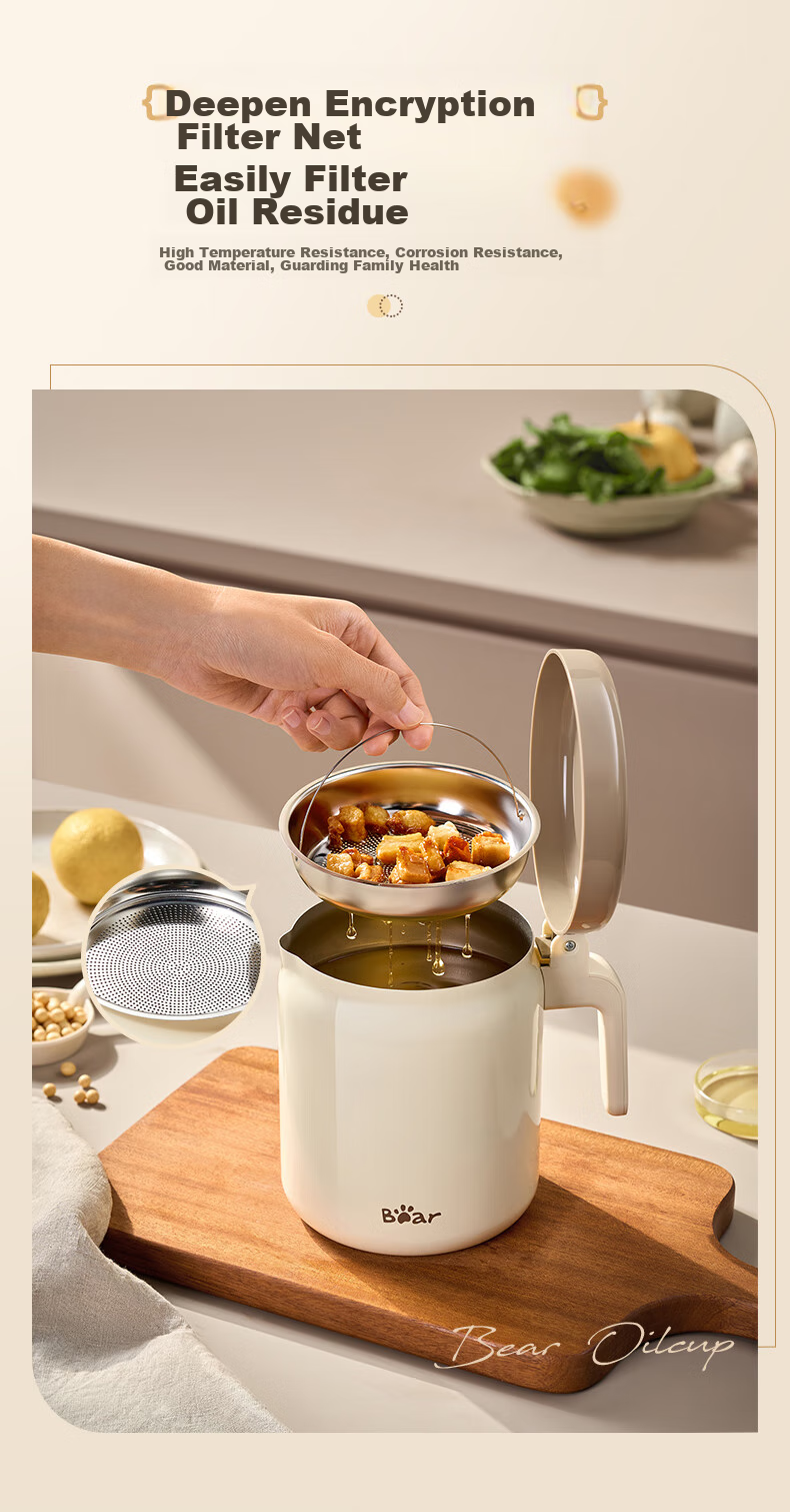 Bear Oil Strainer Bottle, 304 Stainless Steel, with Filter Mesh, Lard Container, Large Capacity Kitchen Oil Bottle, Food-Grade Oil Container, 1.3L 5