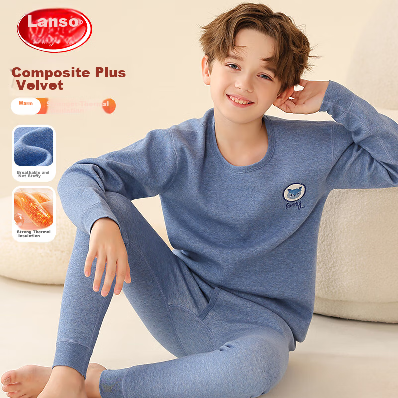 LangSha [Thickened School Uniform Essential] Children's Thermal Underwear, Boys' Three-Layer Padded Autumn Top And Pants, Pajama Set