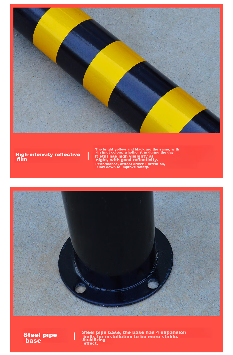 QL Steel Pipe Warning Post, 75cm Isolation Road Bollard, Vehicle Barrier, Crash Barrier, Crystal Grid Reflective Post, Fixed + Screws 5