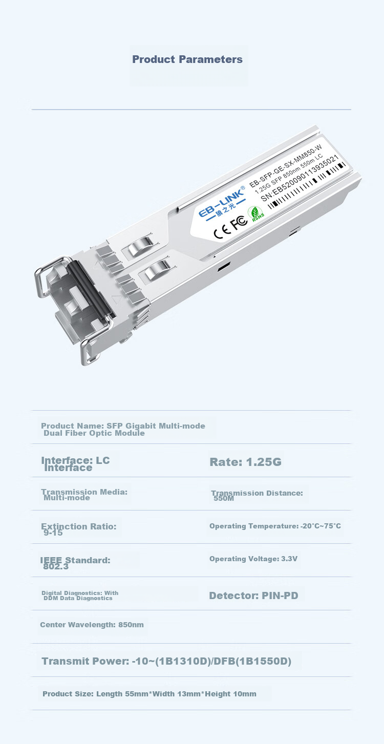 EB-LINK SFP Gigabit Self-Adaptive Electrical Port Module, Optical Port to RJ45 Electrical Port Converter, 1.25G Fiber Optic Module, 100-Meter Range, Compatible with Huawei/Netgear/ZTE/Hikvisio 11