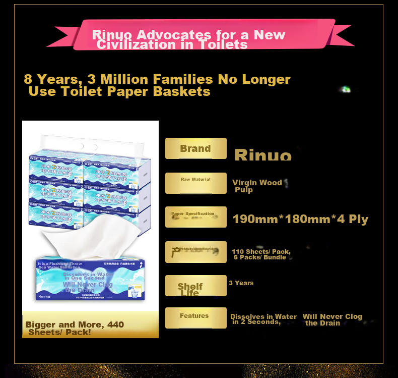 Rinuo Water-Soluble Facial Tissues, Whole Box, Mother And Baby Pull-Out Toilet Paper, 110 Sheets, 4-Ply, 6 Packs/unit 2