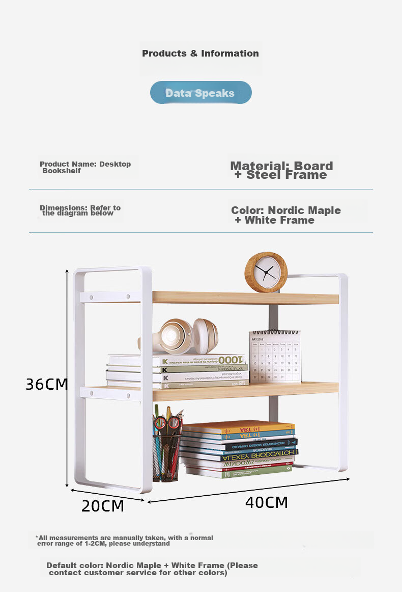 Anerya Desktop Bookshelf, Multi-Layer Iron Art Storage Rack for Books, Double-Layer Nordic Maple Wood - White Frame 40cm Long 20