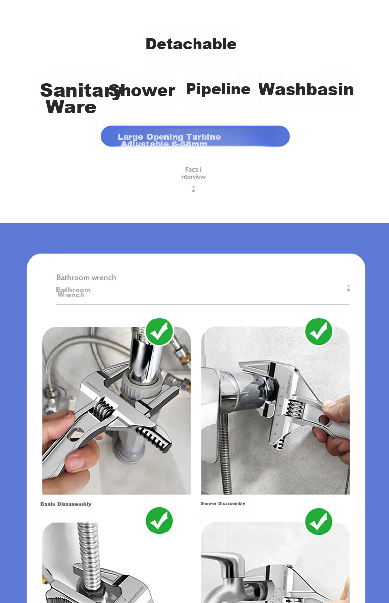 GREENER Adjustable Wrench Plumbing Wrench Pipe Wrench Short Handle Universal Spanner 8