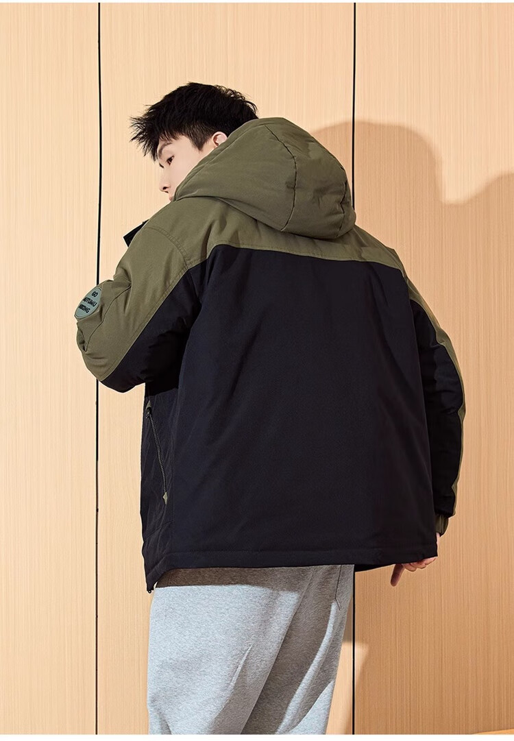 TonLion 2024 Men's Workwear Letter Embroidery Patchwork Hooded Cotton Jacket, Gray Lake Green, L 11