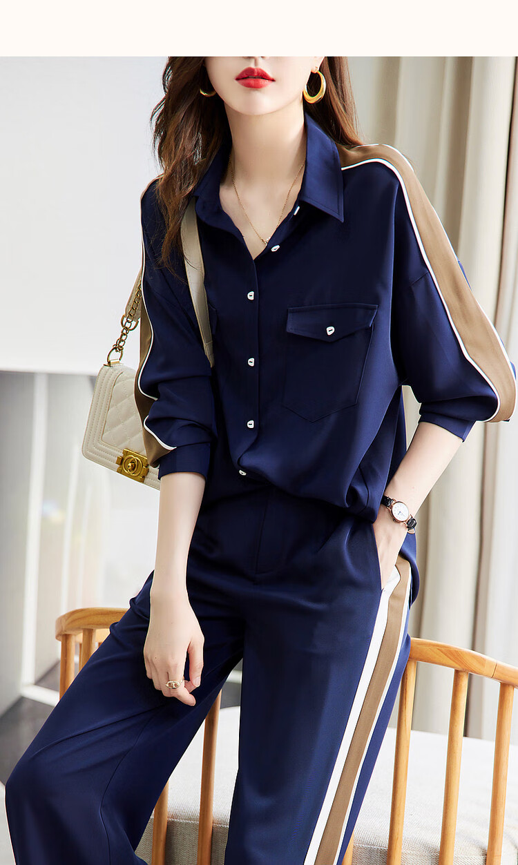 Dme [Casual Color Block Two-Piece Set] Spring And Autumn Turndown Collar Long-Sleeve Top with Mid-Rise Women's Pants Set, Fashionable 11