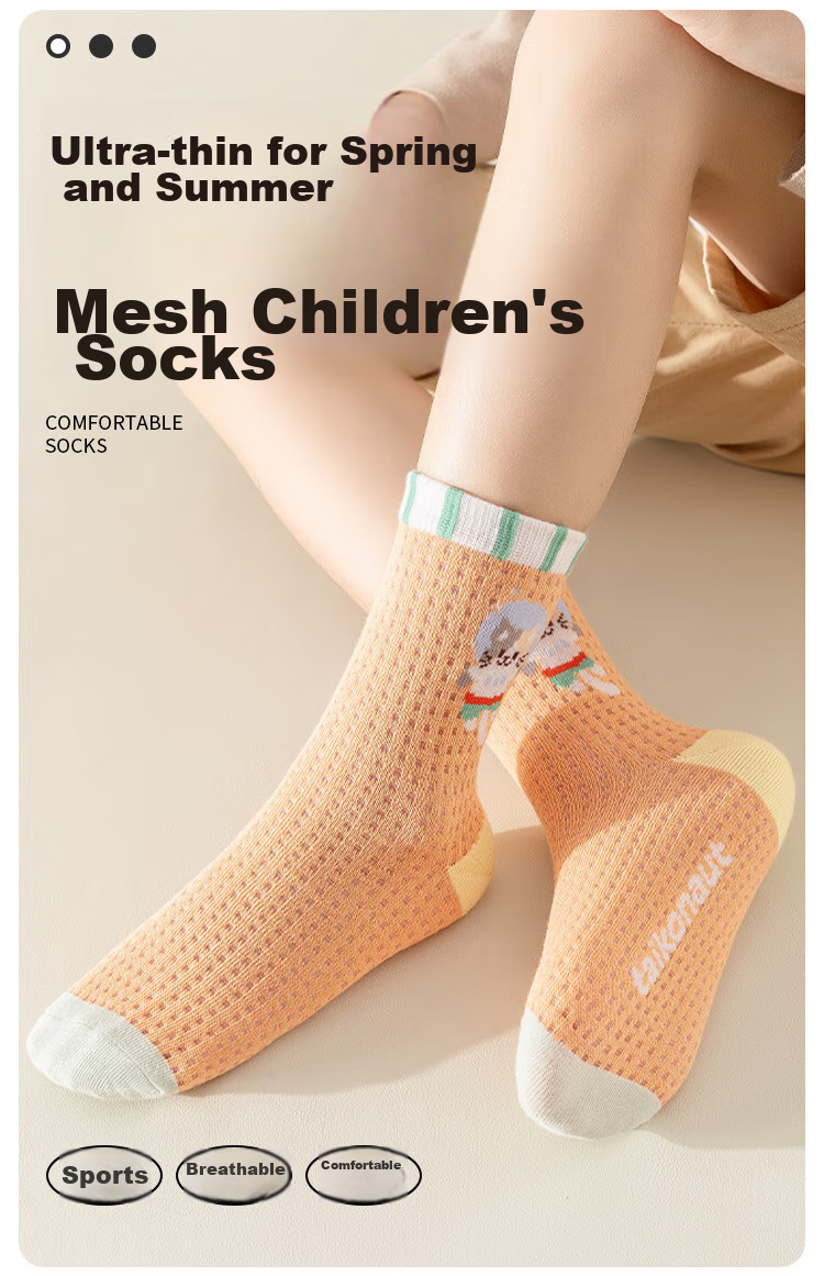 MiiOW Children's Socks, Summer Girls' Thin Breathable Mesh Cotton Socks, Cartoon Mid-Calf Socks for Older Children, Student Socks, 5 Pairs Per Pack 1