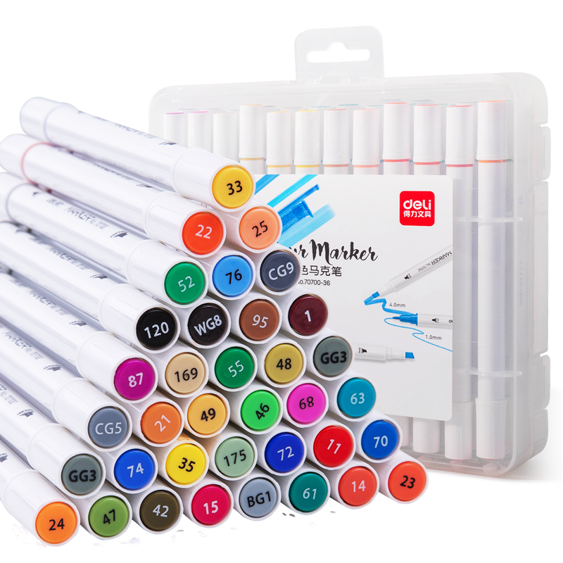 Deli 36-Color Double-Tip Fine Alcohol-Solvent Quick-Drying Markers, Student Tree Watercolor Pens, Drawing Colored Pencils, Hand-Drawn Comic Pens, Highlighters 70700-36 Watercolor Pens, Art Education Graduation Gift