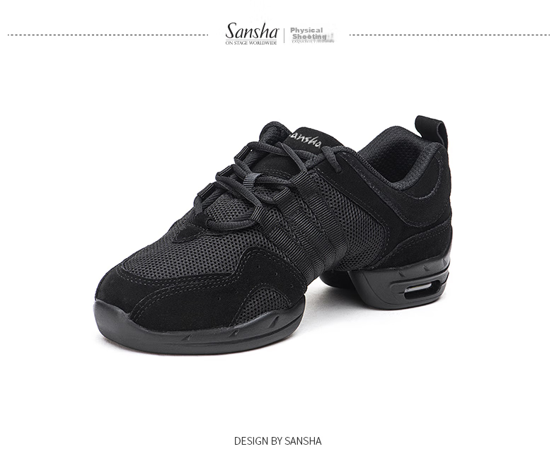 Sansha Spliced Modern Dance Shoes, Mesh Sports Dance Shoes, Air Cushion Soft Sole, Women's Square Dance Shoes, P22LS Black, Size 37 7