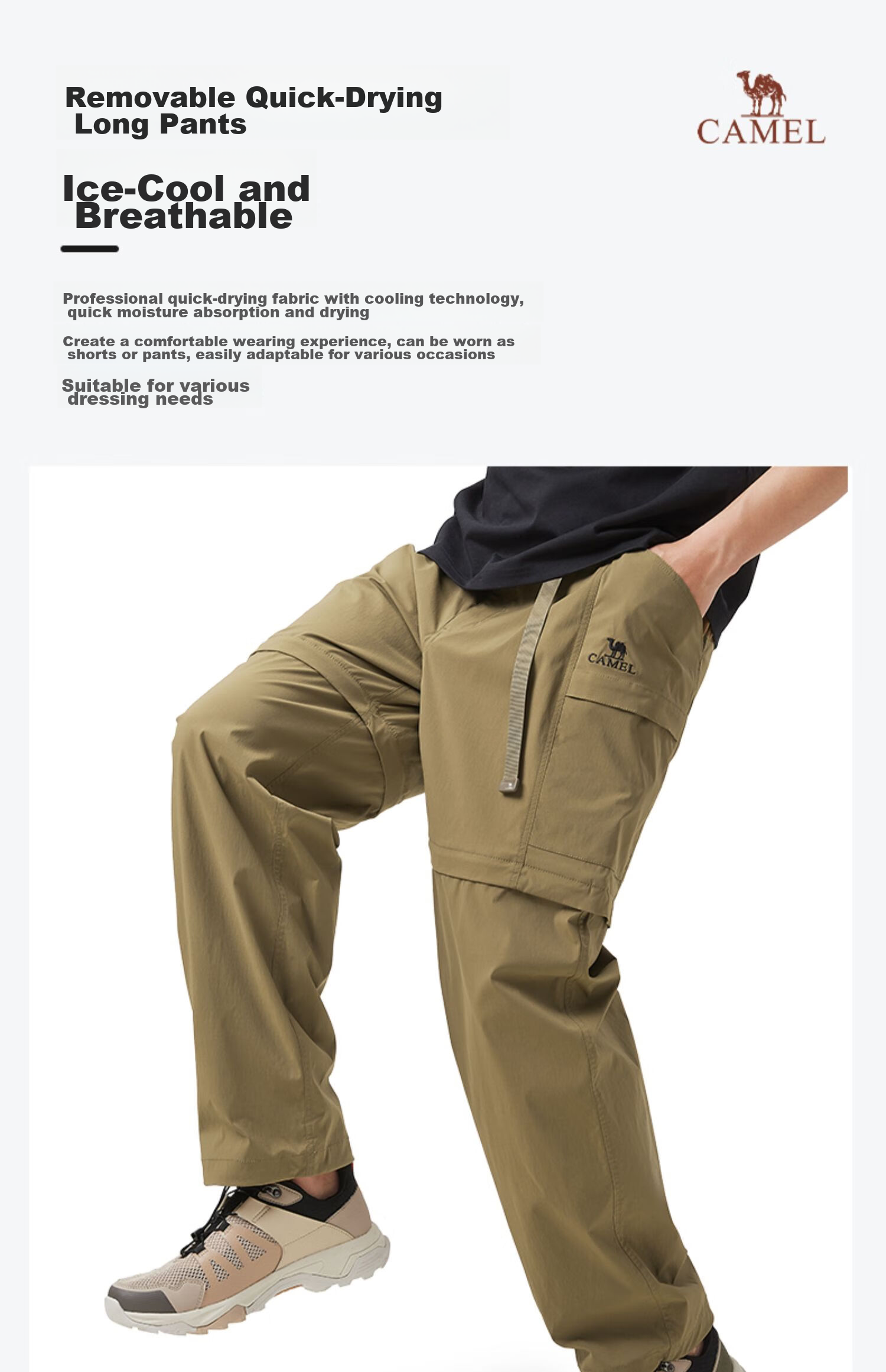 CAMEL Outdoor Ice-Cool Quick-Dry Long Pants for Men, Detachable Long And Short Sports Trousers, Travel Clothing [Sweat-Inducing] 0016 1