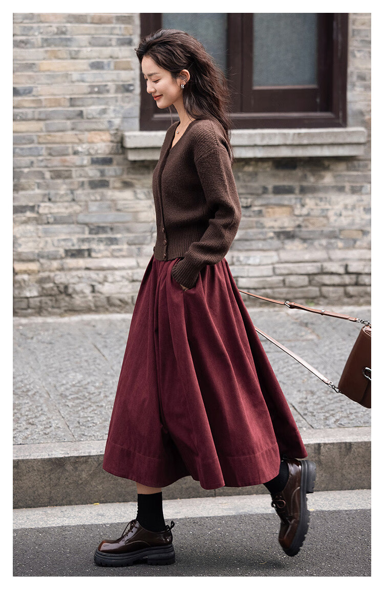 Dme [Crimson French-Style Midi Skirt], Waist-Symmetric Pleated Sharp Long Skirt, Crimson, M 3