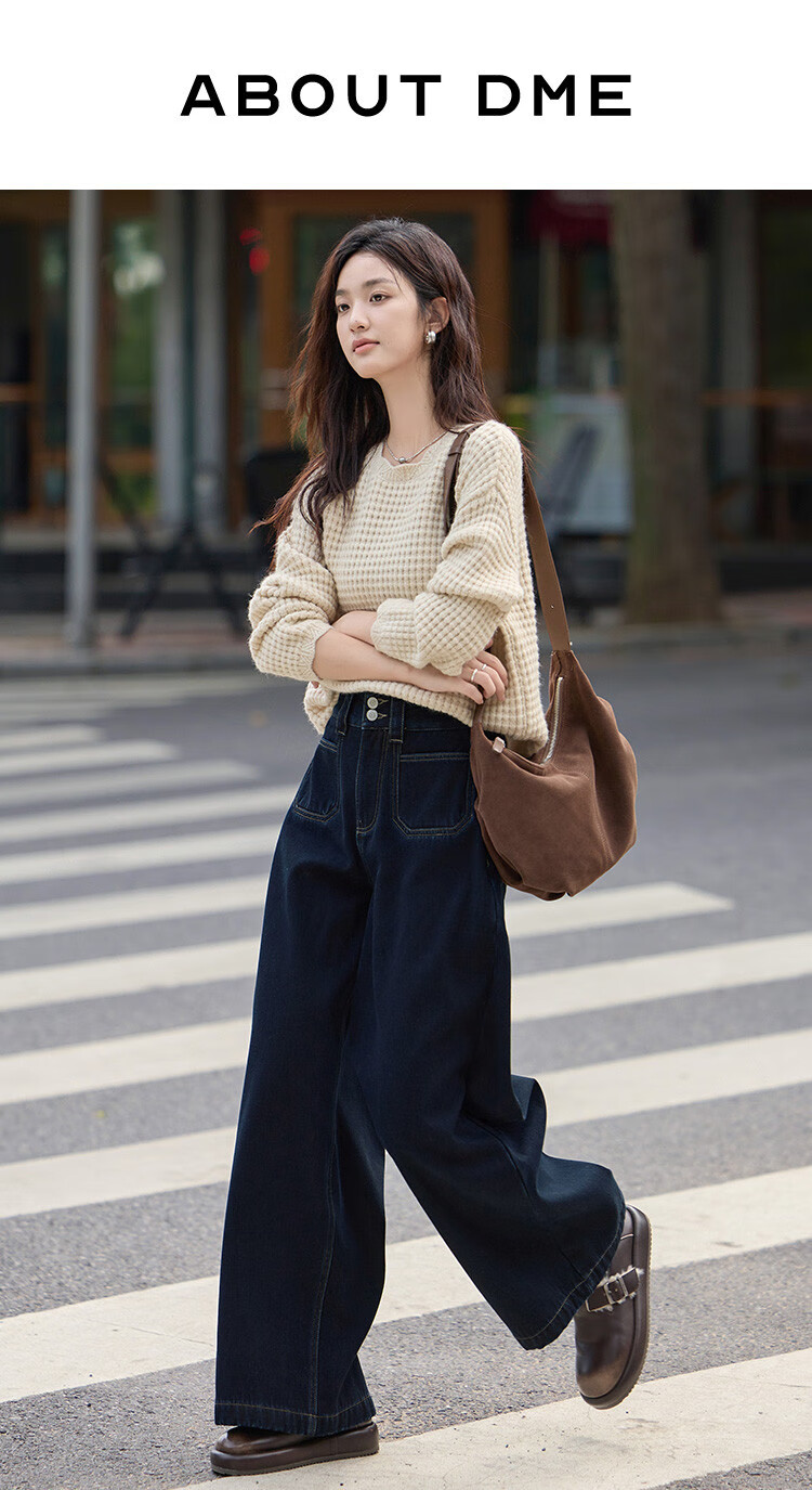 Dme Simple Blue Straight-Leg Pants Winter Style Double-Buckle Wide-Leg Design Fleece-Lined Jeans for Wome 1
