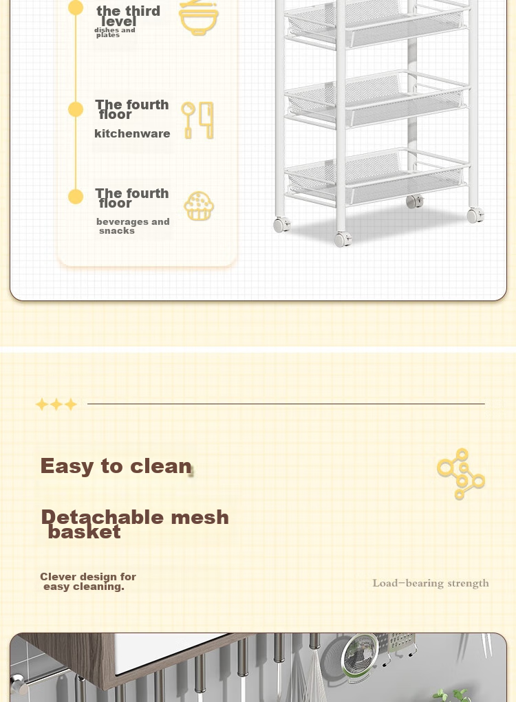 Anerya Kitchen Storage Rack, Snack Cart, Floor-Standing Multi-Layer Organizer, Bathroom Wheeled Shelf, Vegetable Rack, White, 4 Tiers 3