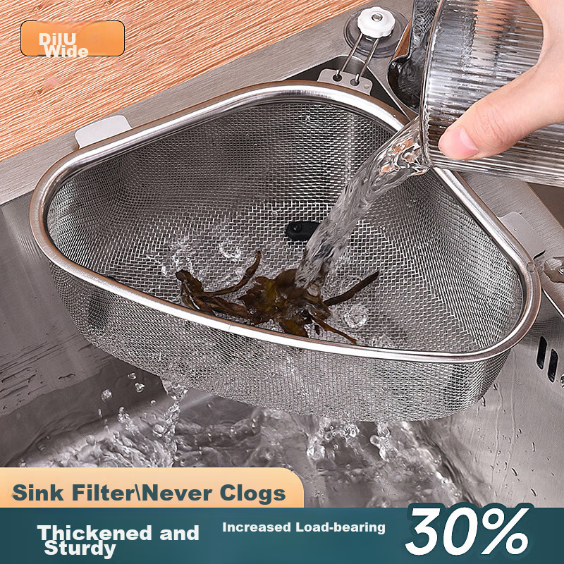 Dipuer Triangular Sink Strainer, Stainless Steel Kitchen Utensil, Multifunctional Drainage, Leftover Food Residue Drainer, Storage Rack