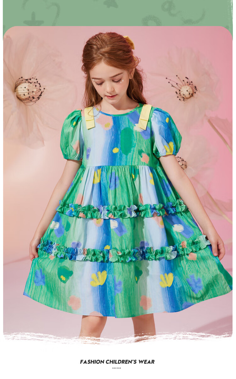 ASK JUNIOR Pure Cotton Girls' Dress, Summer Thin Style, Children's Tie-Dye All-Over Print Indian Princess Dress, Size 160 3