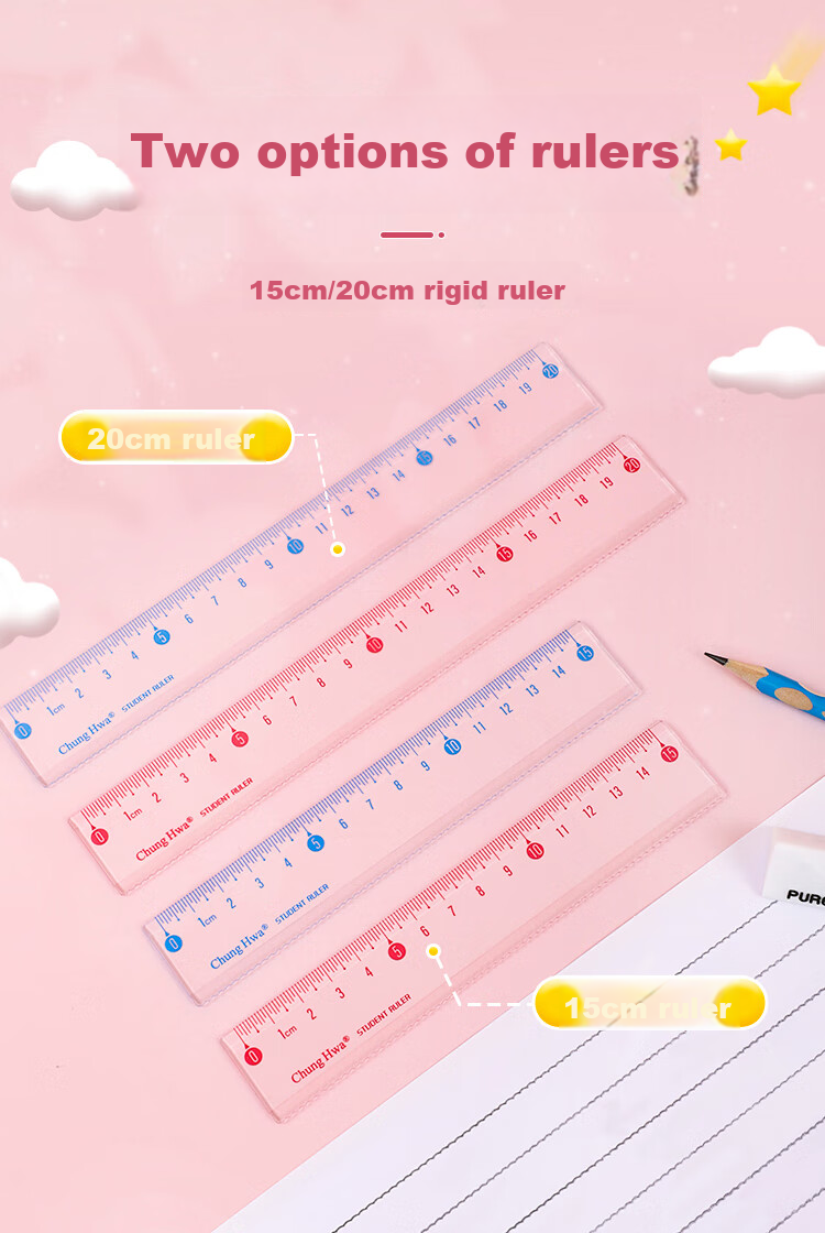 Zhonghua (Chung Hwa) Explosion-Proof, Wear-Resistant, High-Precision Plastic Straight Ruler, 20cm Multiple Sizes, Student Ruler for Drawing And Measurement, Scribing Ruler, Wave Straight Ruler, High Transparency Acrylic, RB0007 Pink 3