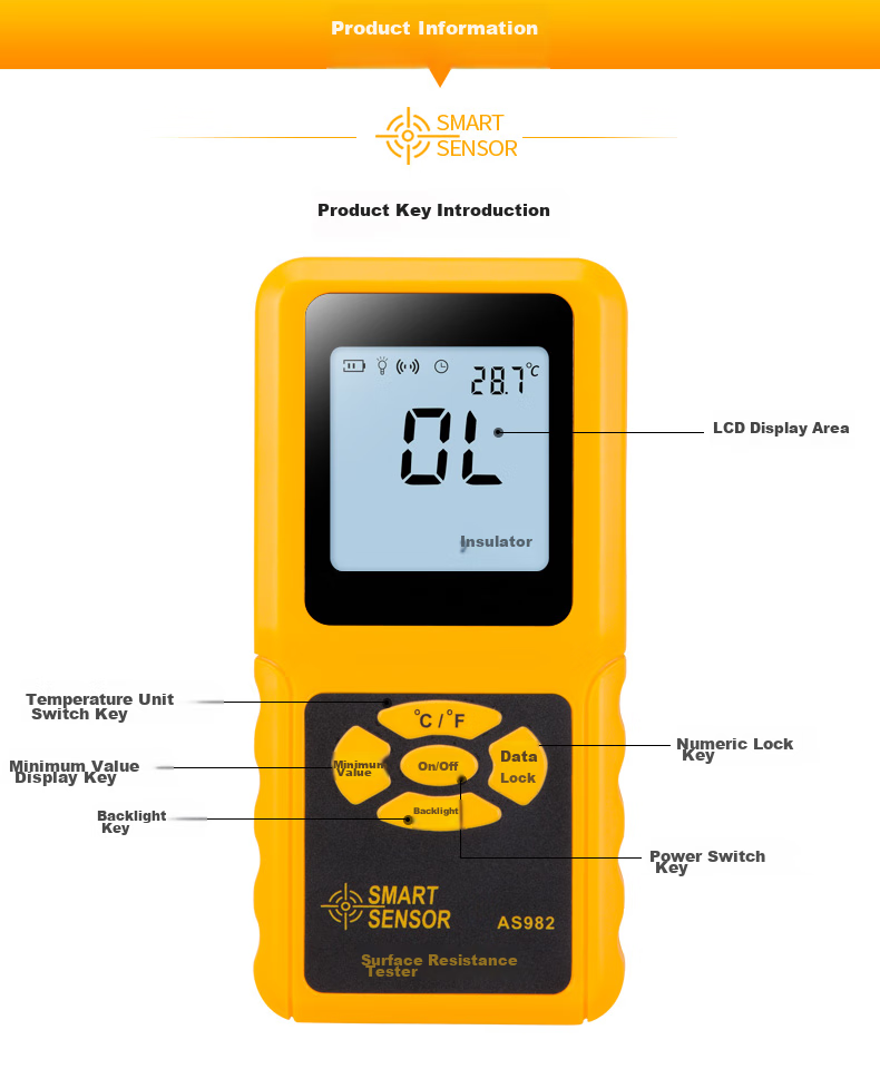 Xima AS982 Surface Resistance Tester, Impedance Meter, Insulation Resistance Detector, Electrostatic Tester 10