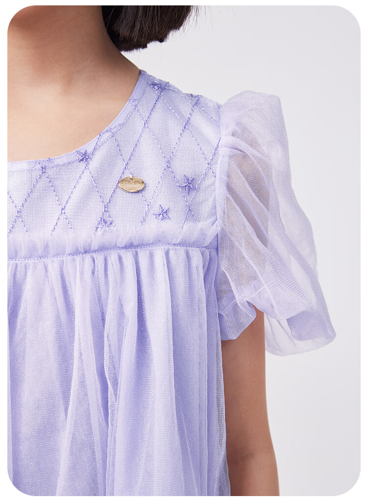 QQ DUCK Girls' Dress, Children's Summer Puff Sleeve Princess Tulle Skirt, Sweet Performance Gown for Teenagers, Purple 14