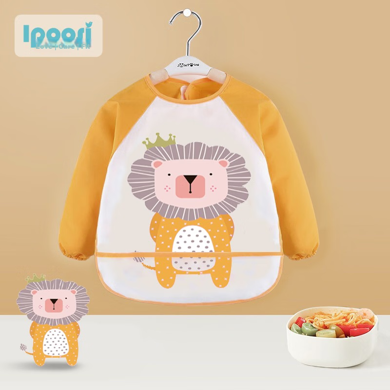 Aibaoshi Children's Apron, Spring And Autumn Long-Sleeve Style, Baby Eating Bib, Anti-Splash Clothing, Reverse Wear Drawing Apron, Yellow, S222