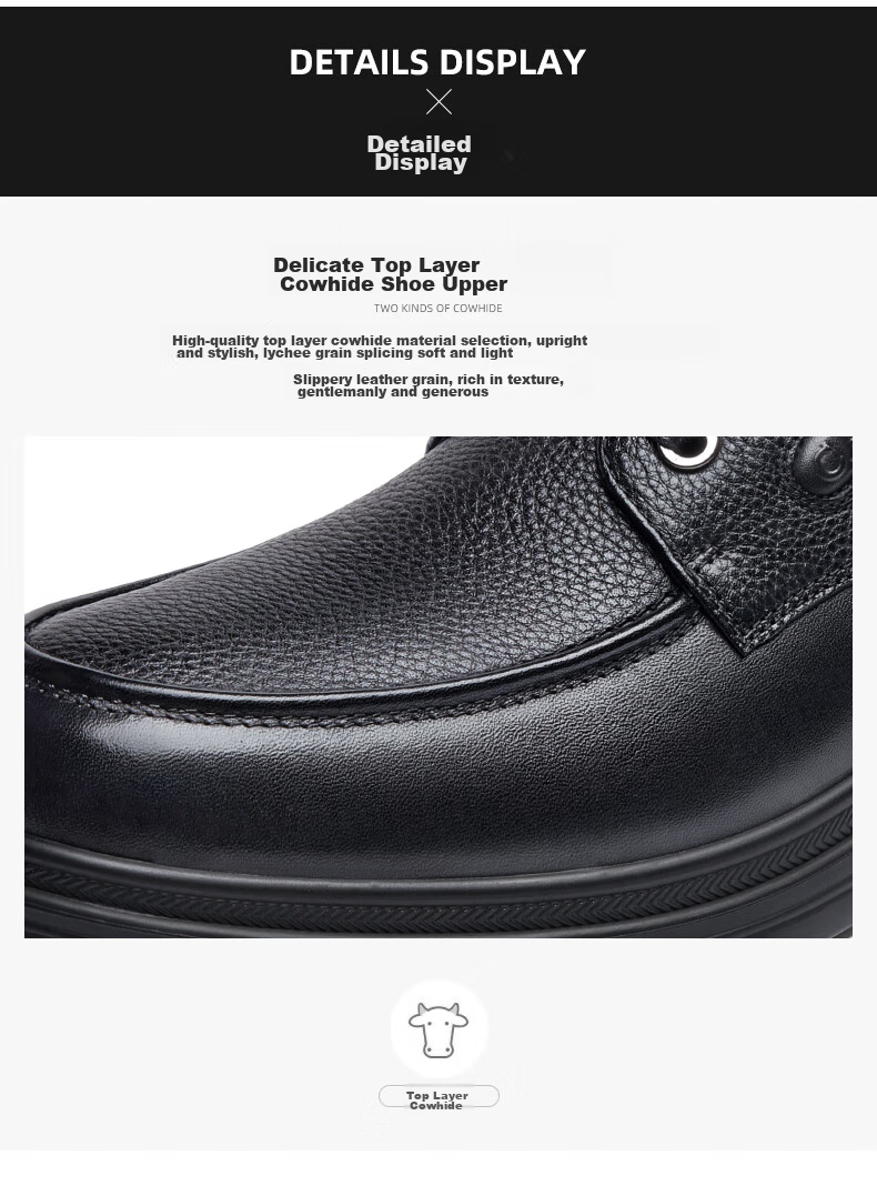 CAMEL Leather Lace-Up Middle-Aged Dad Shoes, Height-Increasing Classic Business Casual Leather Shoes for Men, G15A211067, Black, Size 38 6